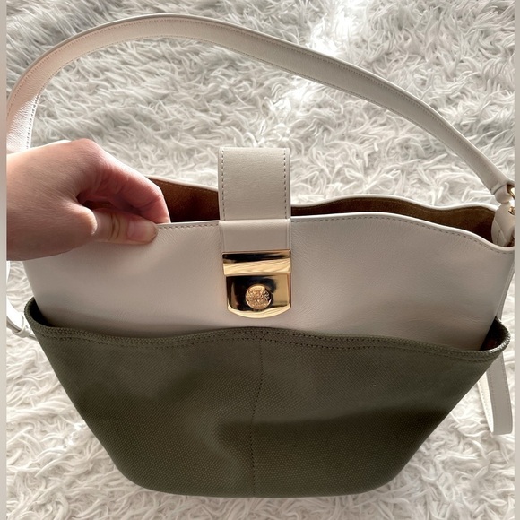 NEW Veronica Beard Small Suede Crest Lock Bucket Bag green white - Picture 2 of 7